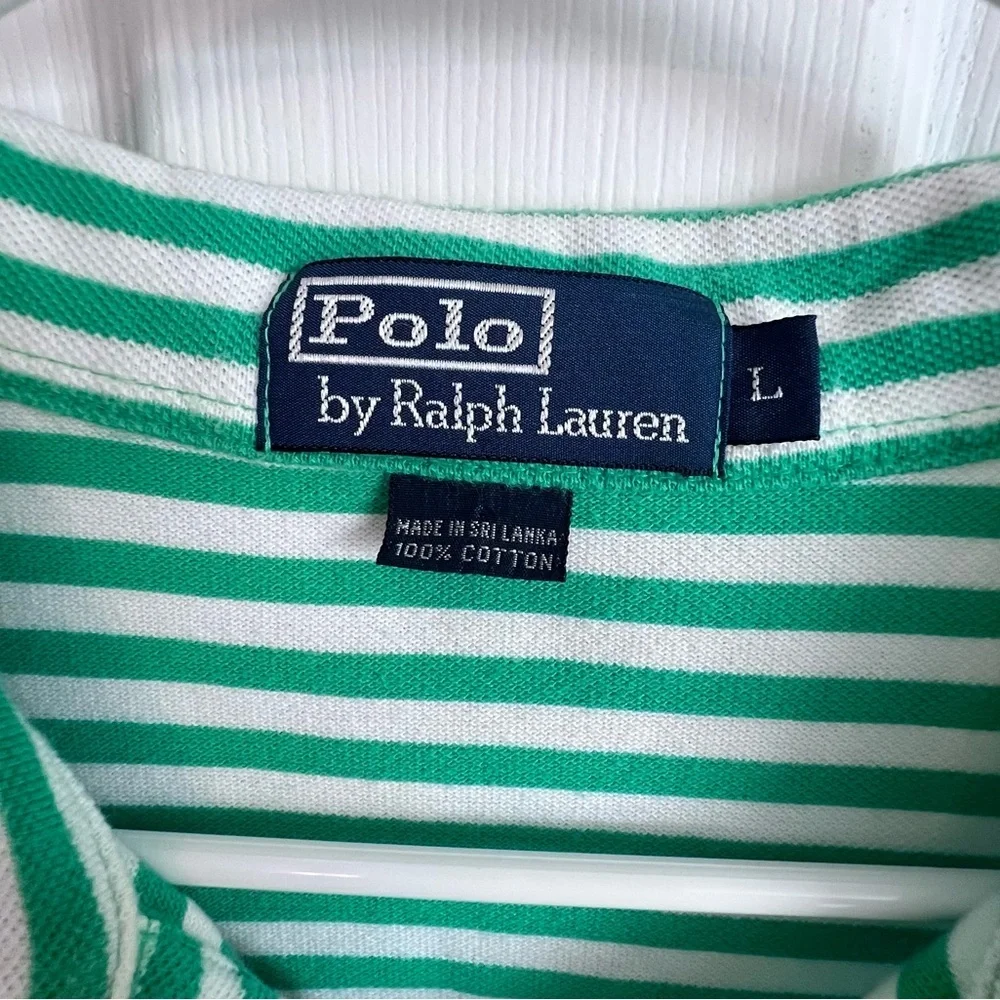 Polo Ralph Lauren VTG Men's Large‎ Green White Striped Polo 100% Cotton Preppy